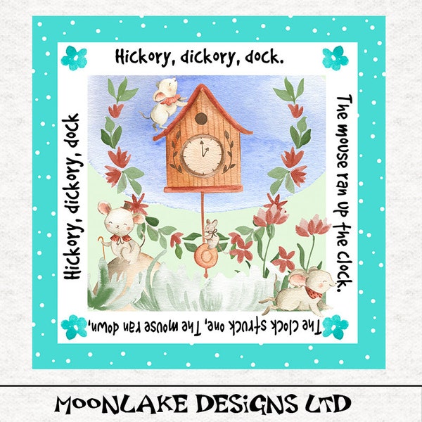 Hickory Dickory Dock,  Nursery Rhyme Fabric Craft Panels in 100% Cotton or Polyester