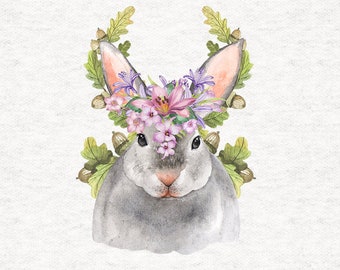 Rabbit adorned with flowers and acorns| Fabric Craft Panels in 100% Cotton or Polyester