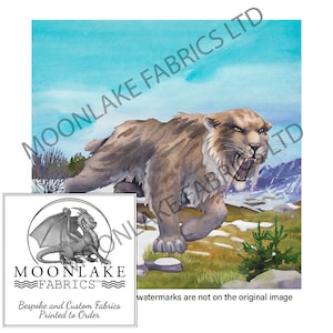 Smilodon Sabre Tooth Cat Fabric Panel available in sizes from 4 inches to 30 inches  100% Cotton or Polyester Sewing Baby quilt panel