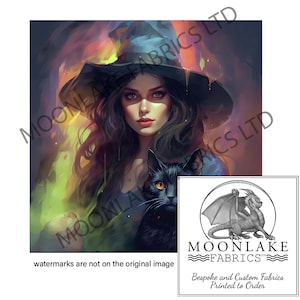 May include: A digital painting of a woman with long dark hair wearing a witch's hat and holding a black cat. The background is a blur of purple, orange, and green.