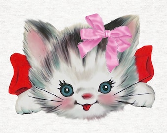 May include: A white kitten with gray stripes peeks over a red bow. The kitten has blue eyes and a pink bow with white lace on top of its head.