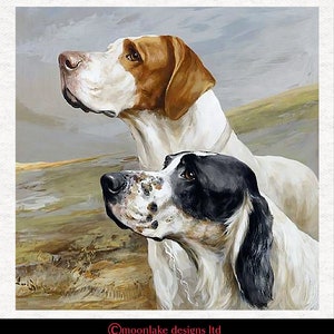 May include: A painting of two English Pointer dogs, one with brown and white markings and the other with black and white markings. The dogs are looking up and to the right, with their heads tilted slightly. The background is a blurry landscape of brown and green.