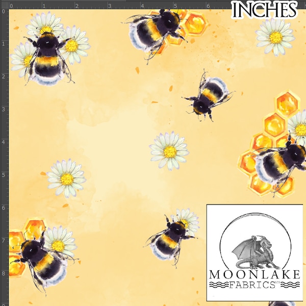 Abeilles, abeilles et fleurs avec nid d’abeilles, Repeat Fabric 100% Coton 130gsm Poplin - disponible en grosses abeilles et maintenant petites abeilles