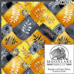 May include: A seamless fabric pattern featuring a patchwork design with various autumnal elements, including leaves, branches, and spiders, in shades of yellow, orange, grey, and black. The fabric is printed with a stitched effect, creating a vintage aesthetic. The text "MOONLAKE FABRICS" is visible in the bottom right corner, along with the phrase "Bespoke and Custom Fabrics Printed to Order".