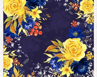 Dark Floral Fabric, With Navy, Yellow, Red  | - Fabric Craft Panels in 100% Cotton or Polyester