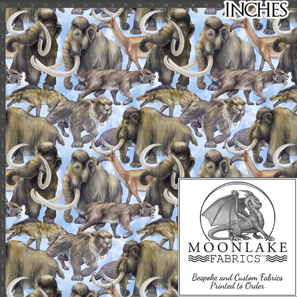 Prehistoric Ice Age Animals, Mammoth, Sabre Tooth Cats 100% Cotton 130gsm Sewing Fabric Size: 111.39cm wide (44 inches)