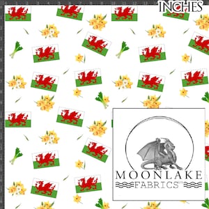 May include: White fabric with a repeating pattern of the Welsh flag, daffodils, and spring onions. The fabric is 18 inches wide and has a white background. The Welsh flag is red and green with a red dragon on it. The daffodils are yellow and the spring onions are green. The fabric is perfect for quilting, sewing, and crafting.