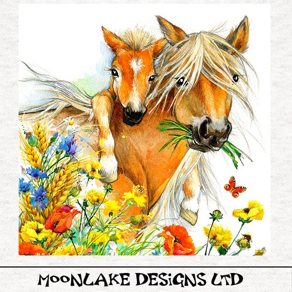 Pferd und Fohlen, Wiese Blumen, Druck Stoff Handwerk
