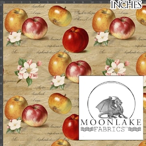 May include: A beige fabric with a repeating pattern of red and yellow apples, white flowers, and handwritten text. The text includes the words "Back to the path" and "Shepherds dwell". The fabric is from Moonlake Fabrics.
