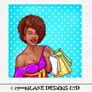 Pop art female, Black lady Shop till ya drop ,  trendy art,  Fabric Craft Panels in 100% Cotton or Polyester