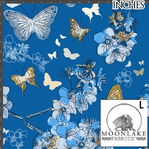 Butterflies on Blue with blossom flowers 100% Quality Cotton Size: 111.39cm wide (44 inches)
