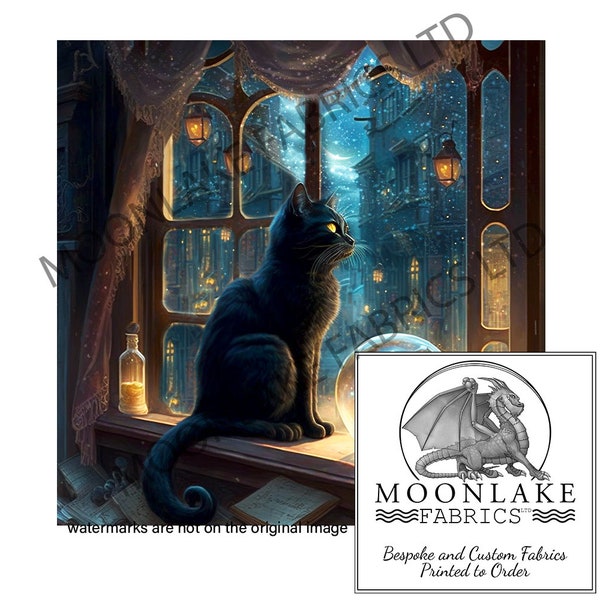 Cat in the Magic Shop, Moonlight 100% Natural Cotton or 290gsm thick soft Polyester Fabric Panel Squares