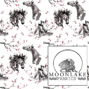 *Exclusive* Japanese Ink Horses 100/% Cotton Poplin Fabric Meter /& Panel Options