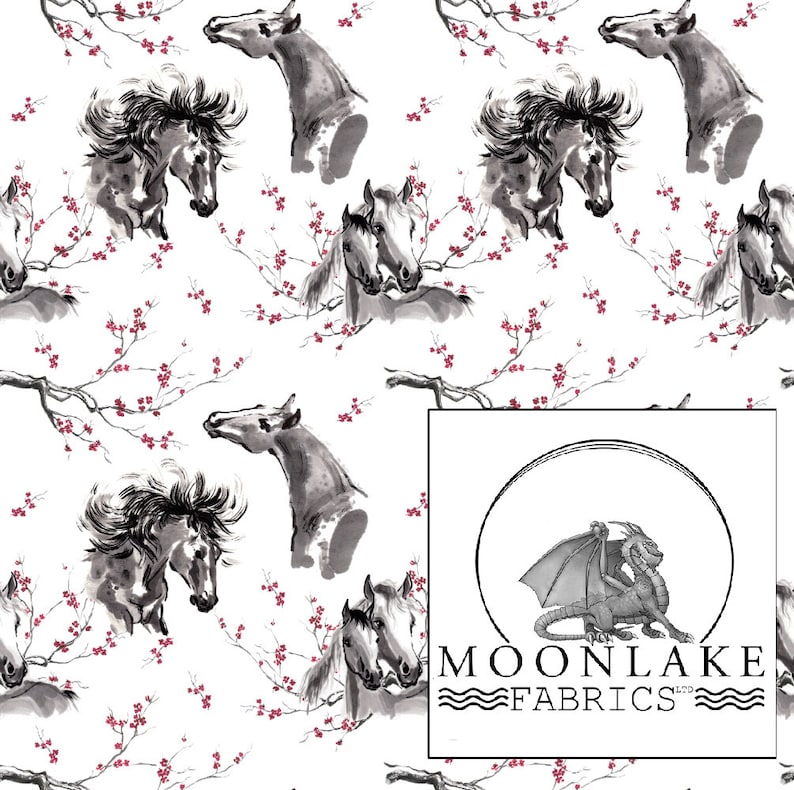 May include: White fabric with a repeating pattern of watercolor-style horses and cherry blossoms. The horses are in shades of gray and black, and the blossoms are a deep pink. The Moonlake Fabrics logo is in the bottom right corner.