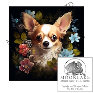 Peut inclure: Une illustration numérique d'un chihuahua brun et blanc entouré de fleurs colorées. Le chien regarde directement le spectateur avec une expression douce. L'arrière-plan est noir.