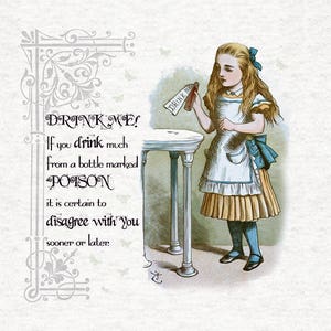 Alice Wonderland Vintage Alice drink me. Fabric | Fabric Craft Panels 100% Cotton or Polyester