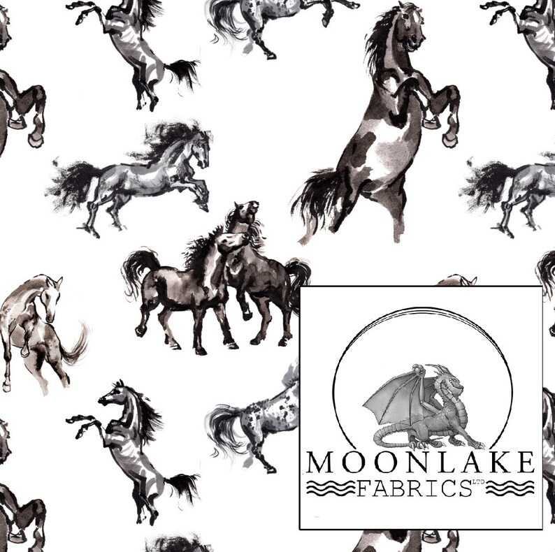 May include: White fabric with a repeating pattern of watercolor-style horses in shades of gray and black. The horses are depicted in various poses, including rearing up and galloping. The Moonlake Fabrics logo is in the bottom right corner.