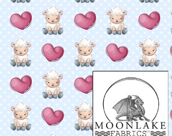 May include: A seamless pattern featuring white lambs with pink hearts on a light blue background with white stars. The pattern is perfect for fabric, wallpaper, or other creative projects.