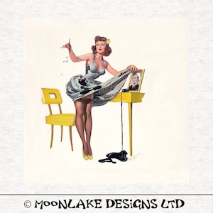Vintage Pin-Up-Girl, The Desk,   Fabric Panel | | Sewing | Craft | Printed Fabric Panels -  100% polyester washable