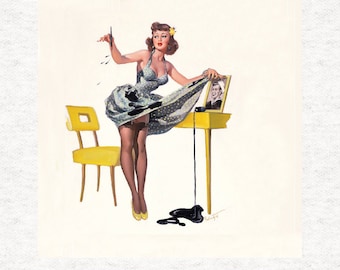 Vintage Pin-Up-Girl, The Desk,   Fabric Panel | | Sewing | Craft | Printed Fabric Panels -  100% polyester washable