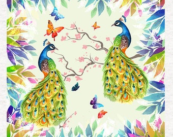 Peacocks,colourful Print with two peacocks|Fabric Craft Panels 100% Cotton or Polyester