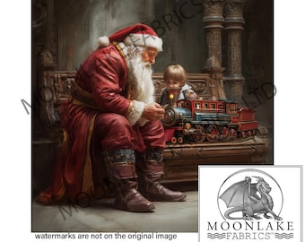 May include: An illustration of Santa Claus in a red suit and hat, sitting with a child. They are looking at a toy train. The train is red, blue, and gold. The scene is set in a room with dark wood furniture.