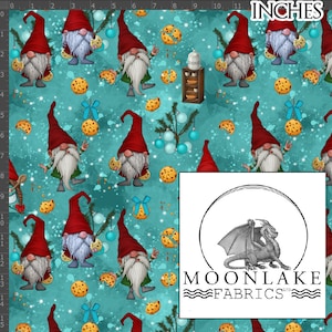 May include: A teal blue fabric with a repeating pattern of gnomes holding cookies, blue ornaments, and cookie crumbs. The fabric has a watercolor effect and a white background.