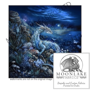 May include: A blue dragon sits on a rocky shore under a starry night sky with a full moon. The dragon is facing the ocean, which is dark blue and has white waves. There are mushrooms and other plants growing on the shore.