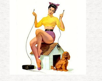 Vintage Pin-Up-Girl, The Dog house,   Fabric Panel | | Sewing | Craft | Printed Fabric Panels -  100% polyester washable
