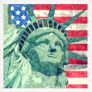 May include: A watercolor painting of the Statue of Liberty with a faded American flag in the background. The statue is green and the flag is red, white, and blue.