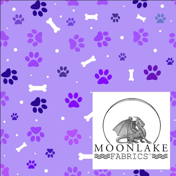 Dog Paw Prints With Bones In Purple Blends 100% Cotton 130gsm Poplin - Size: 111.39cm wide (44 inches)