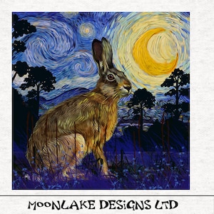Hase, Sternennachtshase mit Mond (Van Gough) Stoff Bastelteile 100% Baumwolle oder Polyester