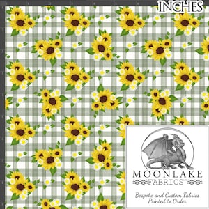 Sunflowers and Daisies on a Sage Green Gingham Effect Fabric 100% Cotton 130gsm Size: 111.39cm wide (44 inches)