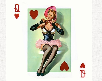 Vintage Pin-Up-Girl, Queen of Hearts.  Fabric Panel | | Sewing | Craft | Printed Fabric Panels -  100% polyester washable