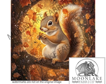 Squirrel Golden Light Fabric Craft Panels in 100% Cotton or Polyester