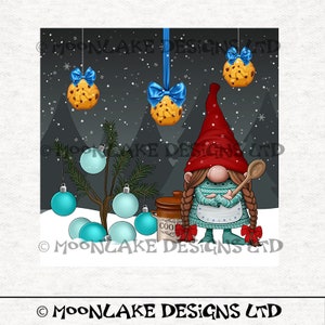May include: A gnome wearing a red hat and a blue and white sweater holds a wooden spoon in front of a Christmas tree with blue baubles and a jar labelled "Coo!" with a red bow. Three chocolate chip cookies with blue bows hang from the ceiling.