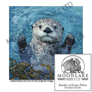 May include: A watercolor painting of a sea otter floating in blue water with kelp. The otter is looking up with a playful expression. The otter is brown and gray with a white chest.