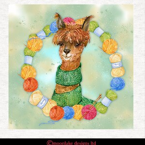 May include: A brown alpaca wearing a green knitted scarf surrounded by balls of yarn in various colors. The yarn balls have labels that say "Alpaca".