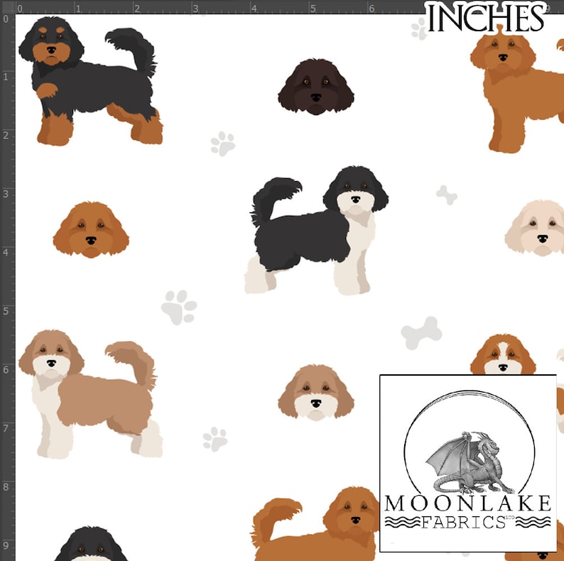 May include: A white fabric with a repeating pattern of brown, black, and tan doodle dogs. The dogs are in various poses, including standing, sitting, and lying down. The fabric also features paw prints and bone shapes.