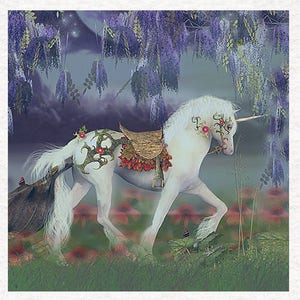 Einhorn, einzigartige Fantasy Einhorn, Wisteria .., Stoff Panel | Kunst Handwerk Panel | Nähen | Handwerk | Gedruckte Stoffpaneele