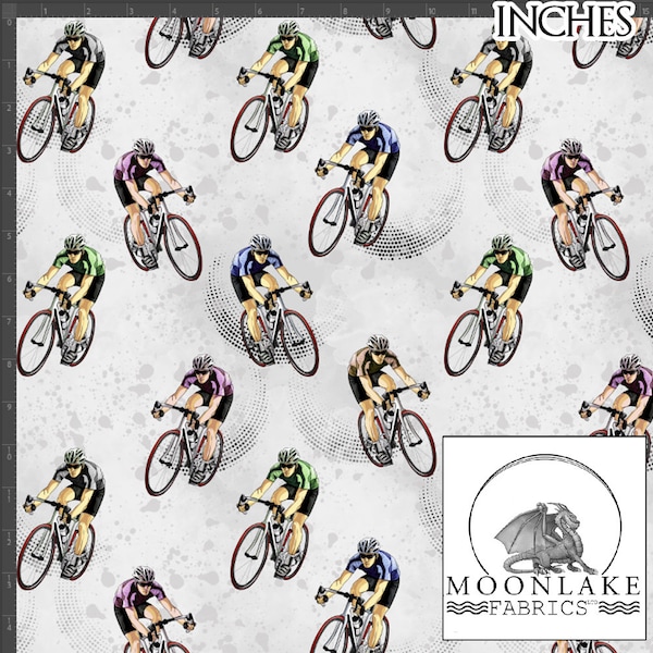 Bicycle Cyclist on Grey splatter background 100% Quality Light Cotton 130gsm Poplin - Size: 111.39cm wide (44 inches)