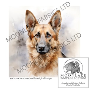 Alsatian Watercolor Fabric Panel Craft Panels in 100% Cotton or Polyester