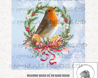 Robin On Fancy Wreath  Fabric Craft Panels in 100% Cotton or Polyester