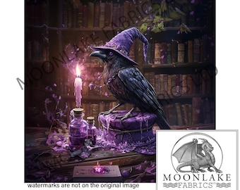 Puede incluir: Un cuervo negro con un sombrero de mago morado se sienta en un frasco morado con una vela encendida a su lado. El cuervo está posado en un estante con libros detrás.