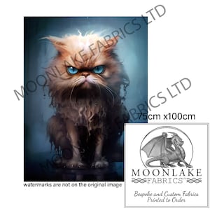 May include: A digital illustration of a grumpy-looking orange cat with blue eyes. The cat is sitting on a reflective surface and appears to be wet. The image is a digital print, available in a size of 75cm x 100cm.