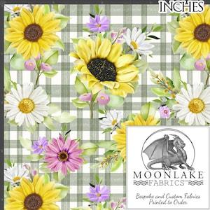 Sunflowers and pink flowers on a Sage Green Gingham Effect Fabric 100% Cotton 130gsm Poplin