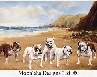 British Bulldogs on the Beach, 60x40cm, in 100% Light quality Cotton 130gsm or Thick Soft Polyester 290gsm