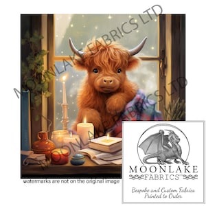 Lachlan the Highland Cow Calf in Morag&#39;s Study  100% Natural Cotton or 290gsm thick soft Polyester Fabric Panel Squares