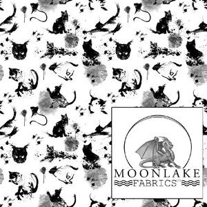 May include: Black and white seamless pattern featuring a repeating design of cats and splattered ink. The pattern is on a white background. The text "MOONLAKE FABRICS" is visible in the bottom right corner of the image.