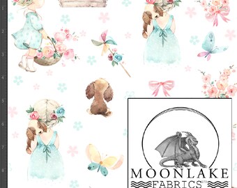 Little Girl and Puppy Fabric 100% Cotton 130gsm Poplin *exclusive*